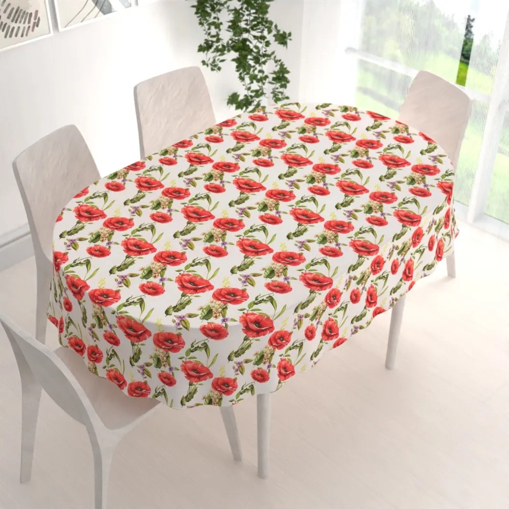 Biante Dekoračný oválny obrus PML-101 Vlčie maky na bielom 50x100 cm