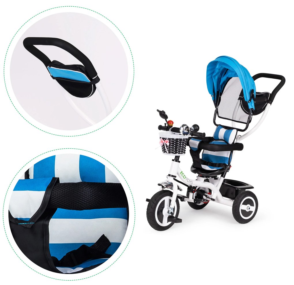 Trojkolka s otočnou strieškou odolné gumové kolieska modrá ECOTOYS