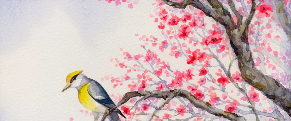 Obraz - Vtáčik na strome s červenými kvetmi (120x50 cm)