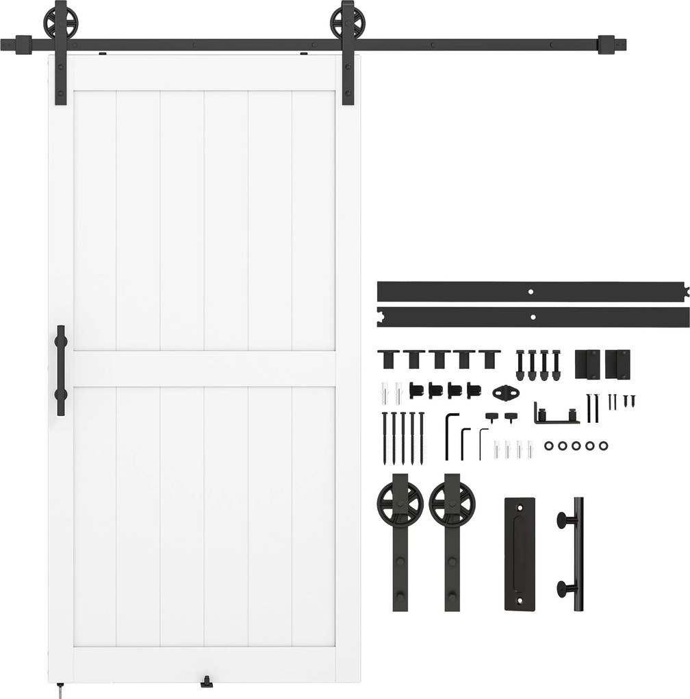 HOMCOM posuvné stodolové dvere s koľajnicou a príslušenstvom, MDF & oceľ, 106,6 × 213,4 cm — bielo‑čierne | Aosom