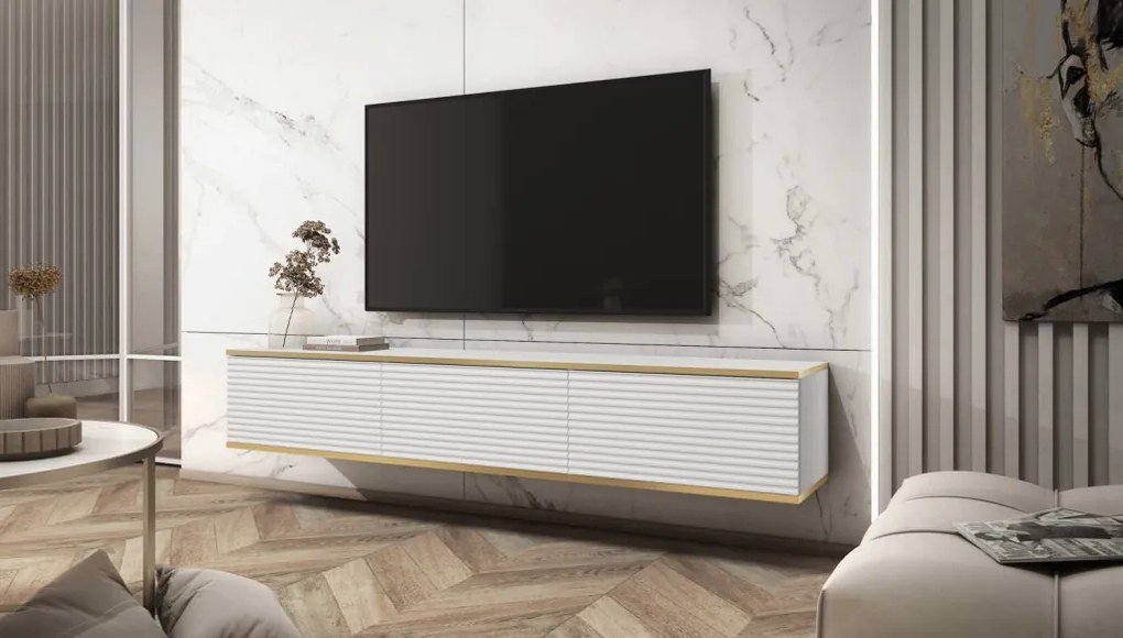 Závesná TV skrinka Orfeo, 175 cm, biela štruktúra/zlatá