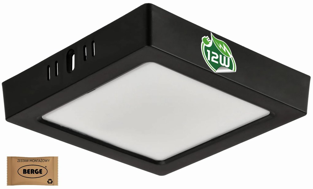 BERGE Štvorcový LED panel prisadený - čierny - 12W - PC - neutrálna biela