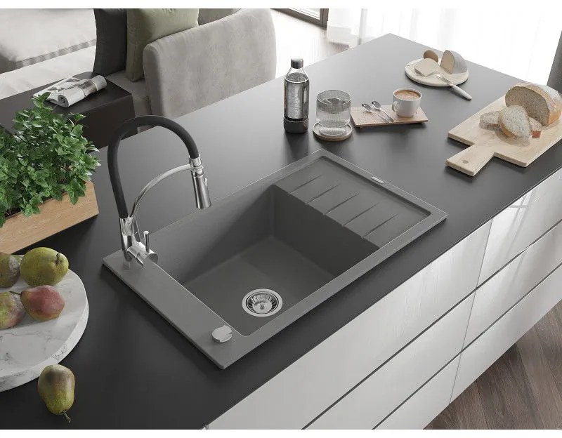 Mexen Elias, 1-komorový granitový drez 795x480x200 mm a drezová batéria Aster, šedá, 6511-71-73450-07