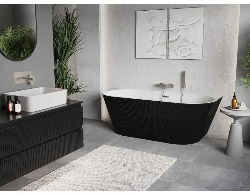 Mexen Oris, voľne stojaca ryhovaná vaňa 150 x 75 cm, biela-čierna, oceľový prepad, 52871507575-97