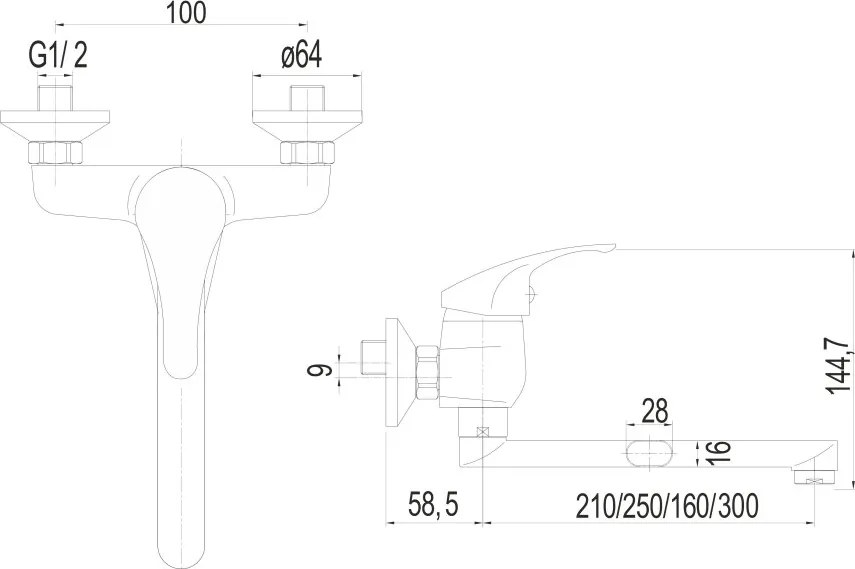 Mereo Lila, drezová nástenná batéria, 100 mm, s ramienkom plochým rovným 300 mm, chróm, MER-CBEE302A06