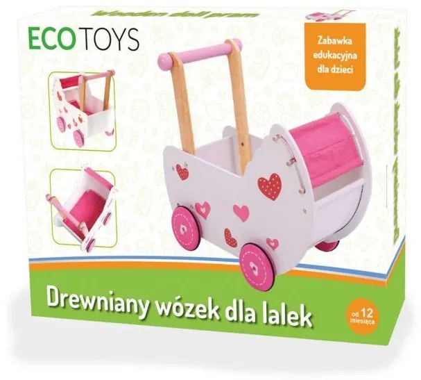 EcoToys Drevené chodítko Kočík, ružová-biela, 2150