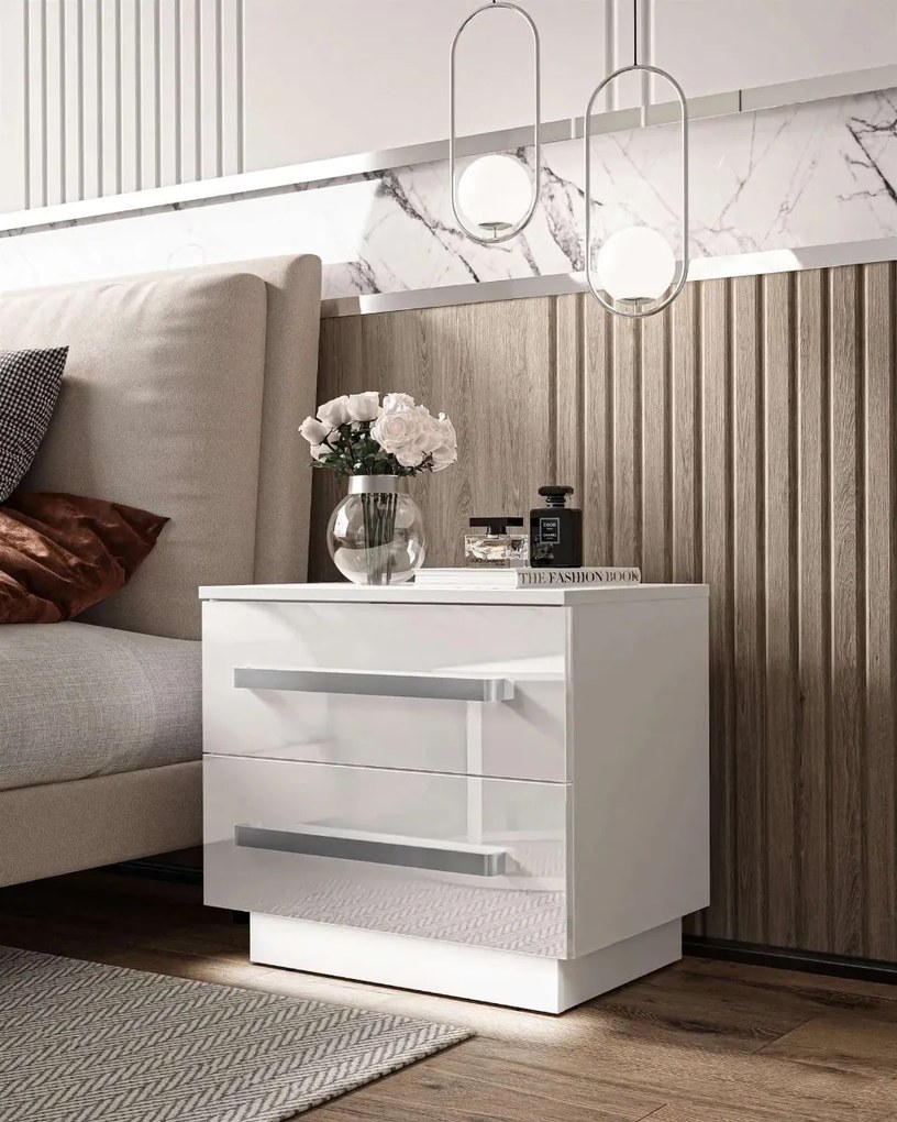 NOČNÝ STOLÍK MARION LED BIELÝ LESK ŠIROKÉ ÚCHYTKY