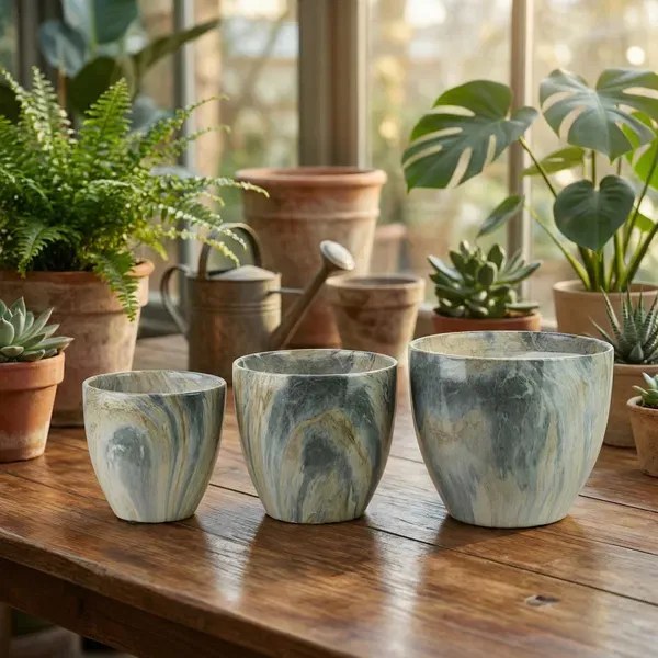 Sada 3 ks keramických květináčů NEVA MARBLE III hnědá/šedá