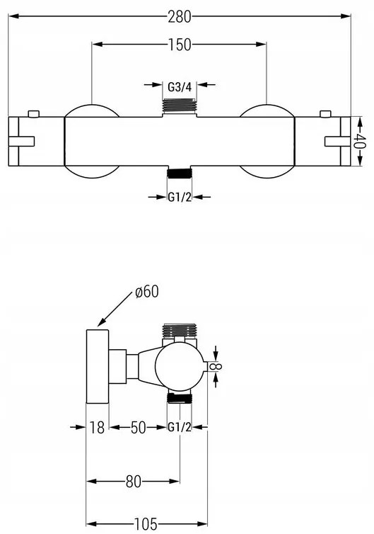 Mexen termostatický sprchový set, sprchová batéria KAI s horným uchytením sprchy + sprchová sada s hornou hlavicou oval ?25cm X, 3/4", čierna, 77150-70 + 79392-70