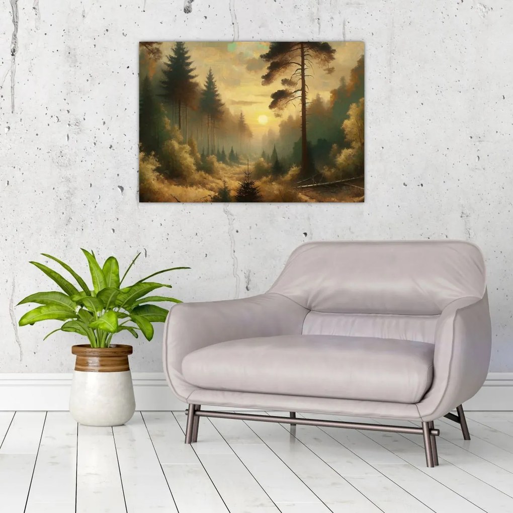 Sklenený obraz - Slnko žiariace lesom (70x50 cm)