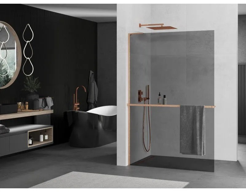 Mexen Kioto+ L, sprchová zástena Walk-In s poličkou a vešiakom 110 x 200 cm, 8mm šedé sklo, medený matný profil, 800-110-123-65-40
