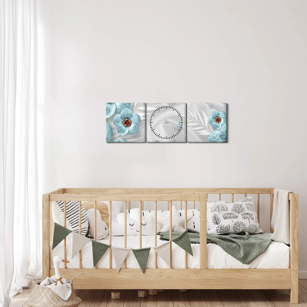 Obraz - 3D modré kvety (s hodinami) (90x30 cm)