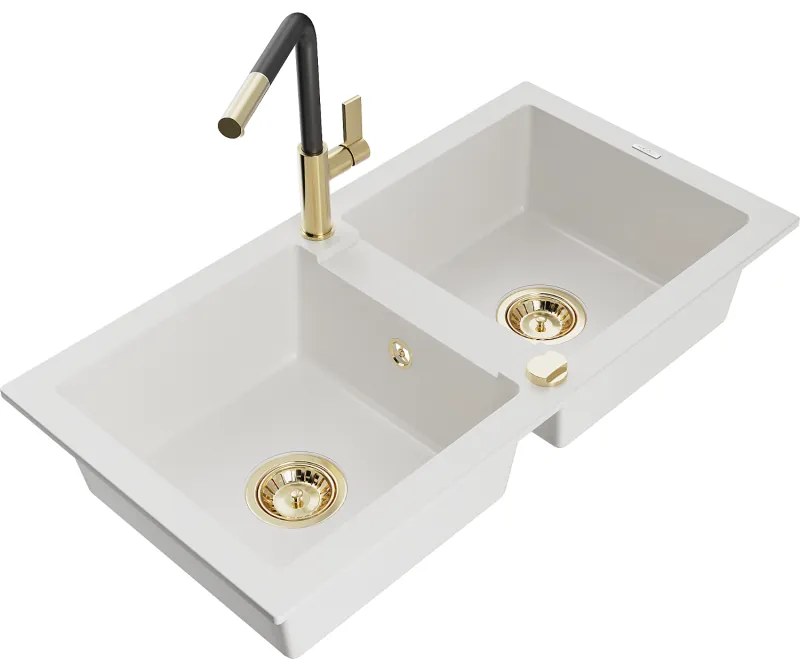 Mexen Mario, 2-komorový granitový drez 820x436x161 mm a drezová batéria Flora, biela, 6504-20-670401-57-G