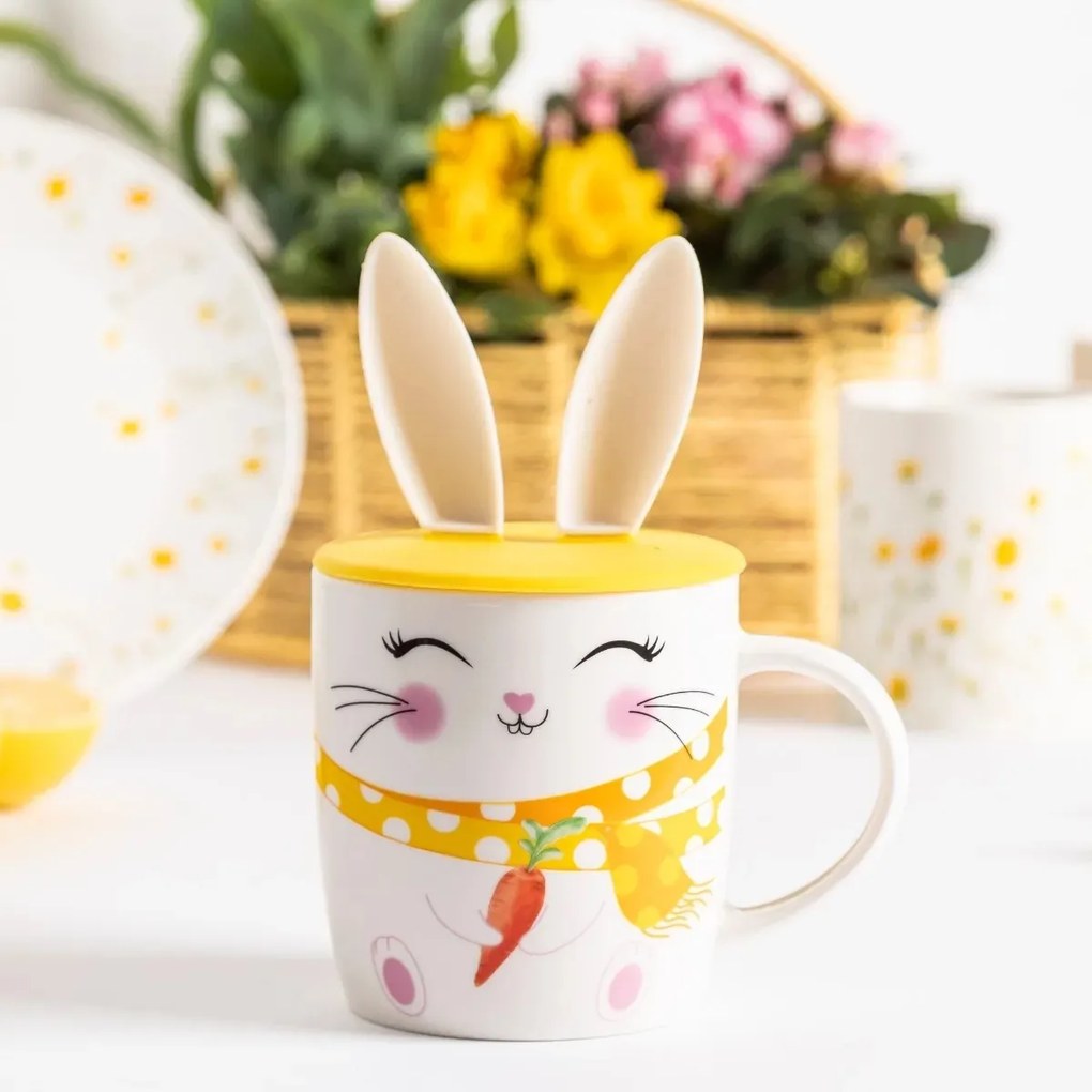 Altom Porcelánový hrnček Veselý zajačik so silikónovým viečkom, 400 ml