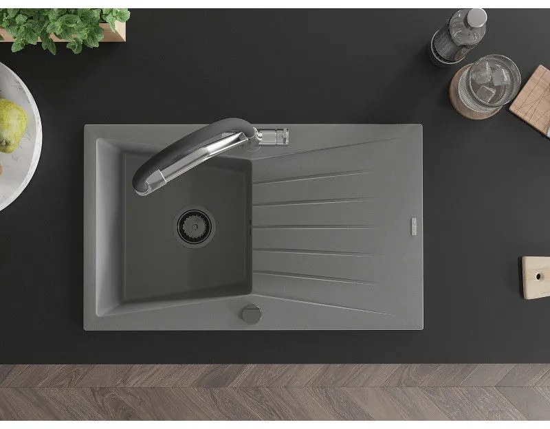 Mexen Cesar, 1-komorový granitový drez 775x470x190 mm a drezová batéria Duo, šedá, 6514-71-671701-07-B