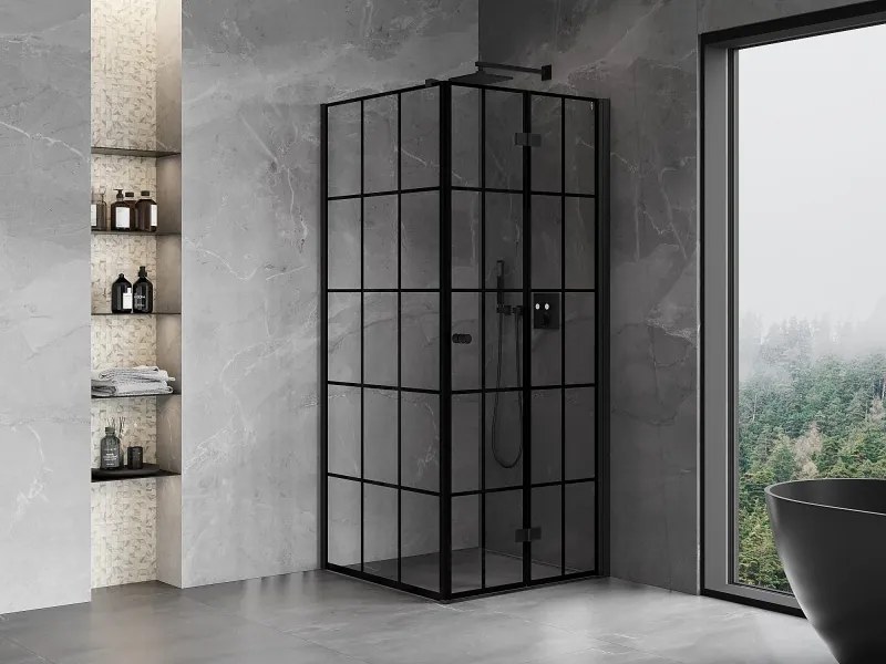 Mexen Mist-F T, 1-krídlový skladací sprchový kút pravý 85 x 85 cm, číre sklo-čierna mriežka, 8A6T-085-085-70-77-P