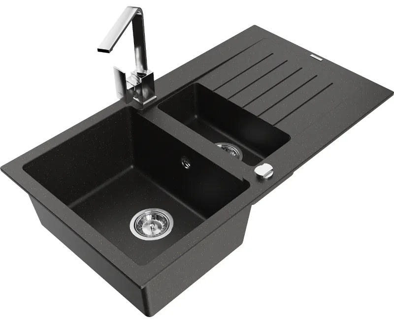 Mexen Matias, granitový drez 900x505x200 mm, 1,5-komorový a chrómová batéria Rita, čierna-zlatá metalíza, 6502-75-670300-00