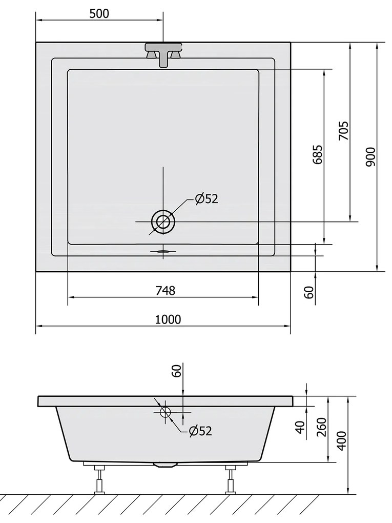 Polysan, DEEP hlboká sprchová vanička obdĺžnik 100x90x26cm, biela, 72340