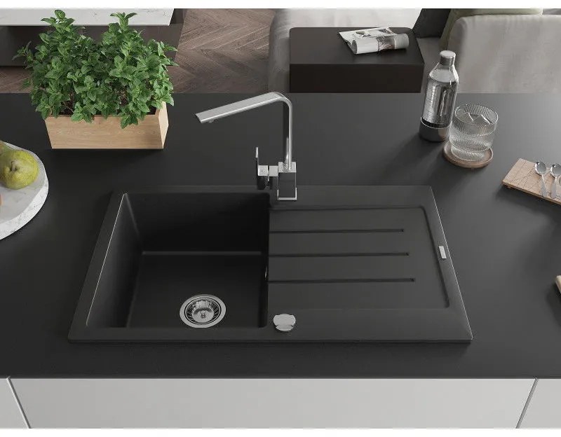Mexen Bruno, drez granitový 795x495x200 mm, 1-komorový, čierna s chrómovým sifónom a chrómová drezová batéria Rita, 6513-77-670300-00