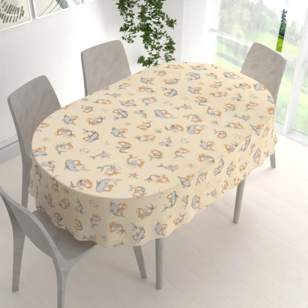 Biante Detský bavlnený oválny obrus Sandra SA-670 Sivo-hnedé morské panny s delfínmi na žltobéžovom 50x100 cm