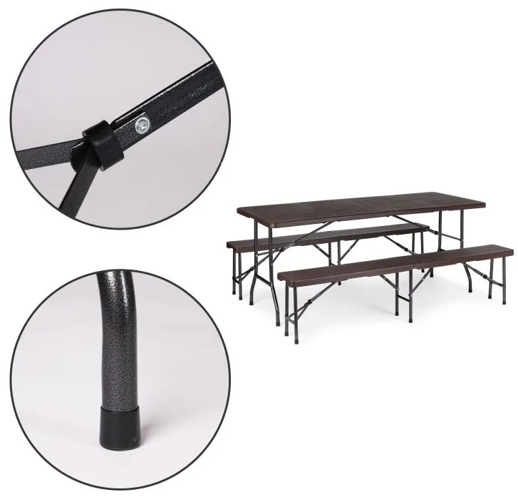 Kempingový set 180cm + 2 lavice v hnedej farbe