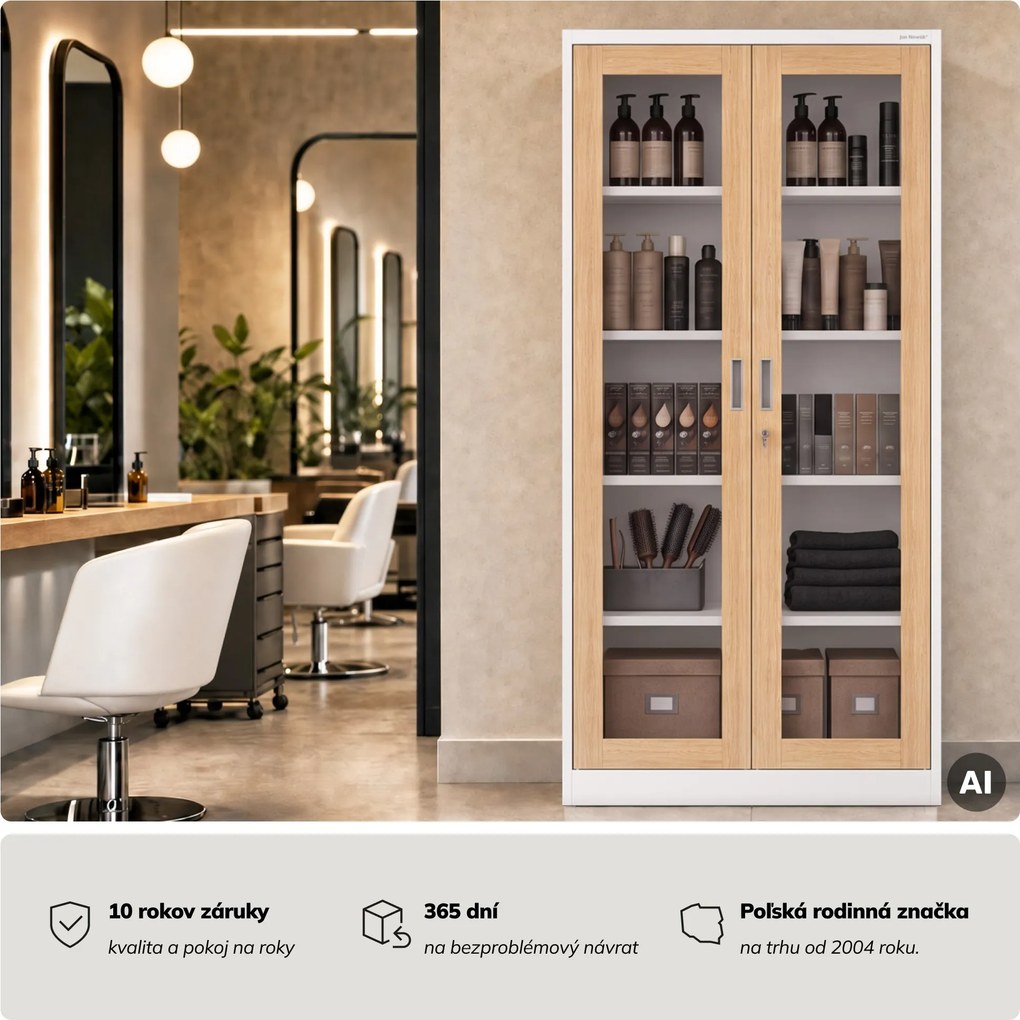 Kovová skriňa s vitrínou biela, dub sonoma, 900x1850x400 mm: AMELIA Eco Design
