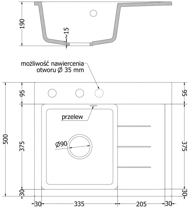 Mexen Ben, 1-komorový granitový drez 600x500x190 mm, ľavý + zlatý sifón, čierna-zlatá metalíza, 6522605000-75-G