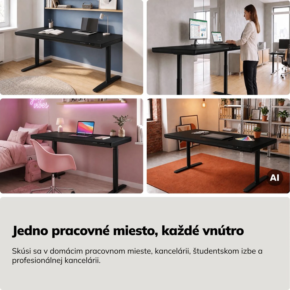 Elektrický písací stôl sit-stand so zásuvkou a bezdrôtovou nabíjačkou Qi čierny, 1600 mm: ELLIS