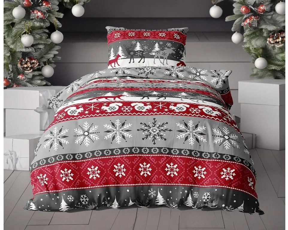 Flanelové obliečky SNOWY FOREST sivé + plachta mikroplyš SOFT 90x200 cm tmavosivá