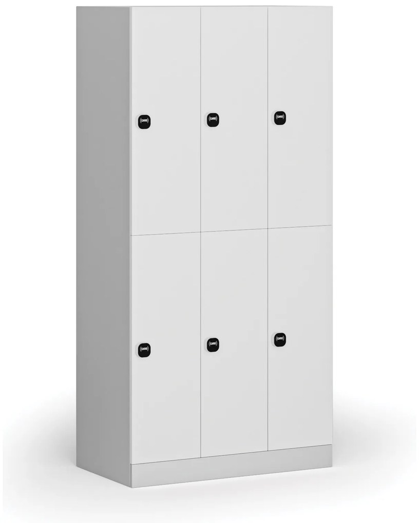Šatníková skrinka s úložnými boxmi, 6 boxov, 1850 x 900 x 500 mm, zámok s čítačkou RFID kariet, laminované dvere, biela