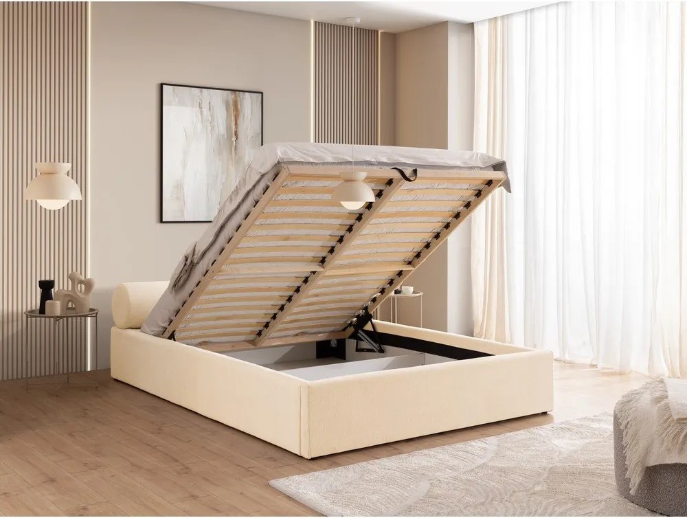 Krémová čalúnená dvojlôžková posteľ s úložným priestorom s roštom 200x200 cm Cille – Ropez