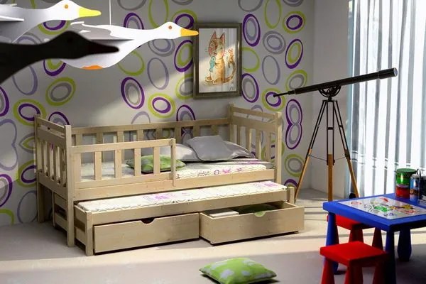 MAXMAX Detská posteľ s výsuvnou prístelkou z MASÍVU 200x90cm so zásuvkou - DPV004 200x90 ÁNO