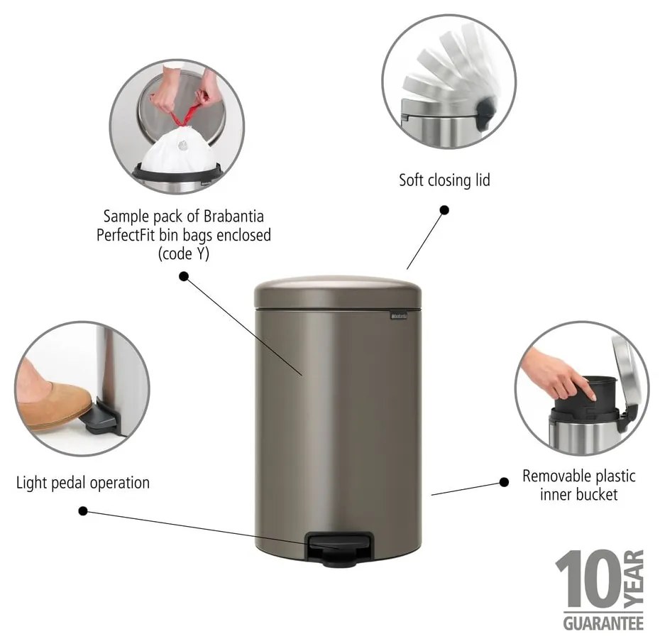 Sivý pedálový oceľový odpadkový kôš 20 l NewIcon – Brabantia