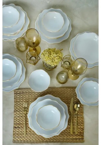 Jedálenská súprava 24 ks, biela/zlatá, kamenina