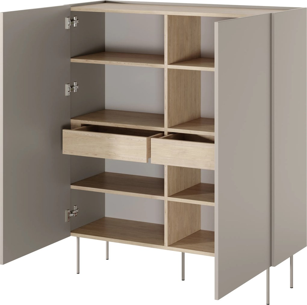 Vysoká komoda Desin 120 cm s dvoma dverami a skrytými zásuvkami - kasmír / dub Nagano