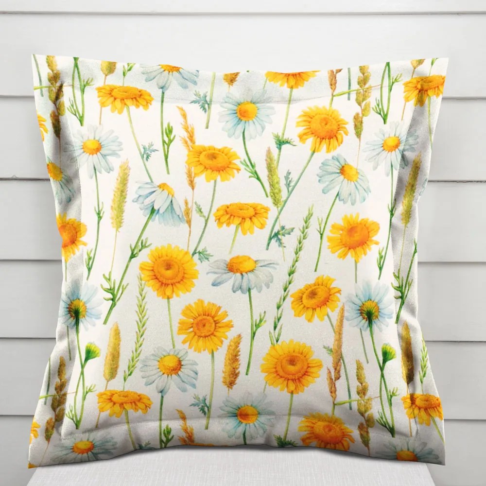 Biante Dekoračná obliečka na vankúš s lemom PML-104 Biele a žlté margaréty na bielom 45 x 45 cm