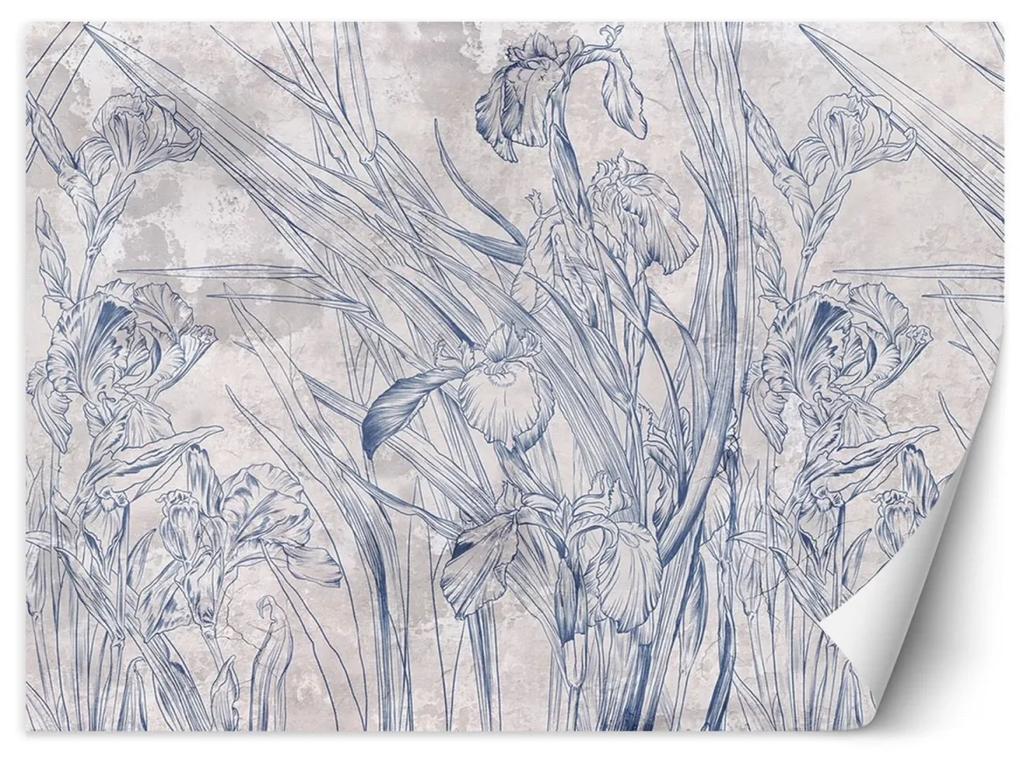 Fototapeta, Modré obrysy listů a květů - 300x210 cm