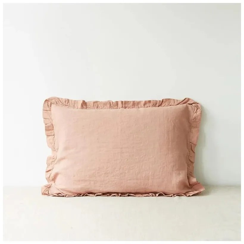 Terakotovohnedá ľanová obliečka na vankúš s riaseným lemom Linen Tales, 50 x 60 cm