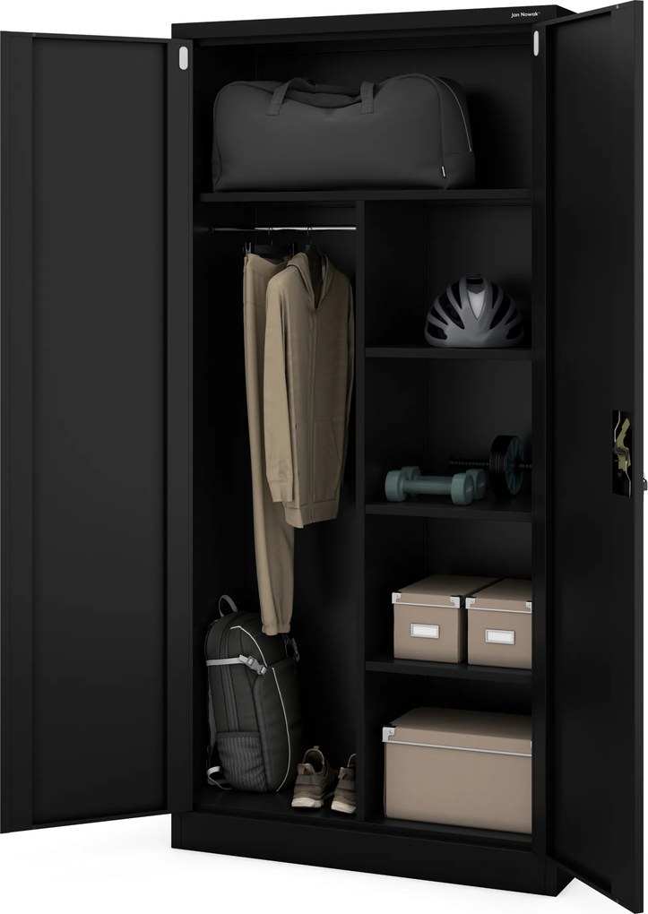Multifunkčná kovová skriňa s vešiakom, čierna, 900x1850x450 mm: DAWID All Black