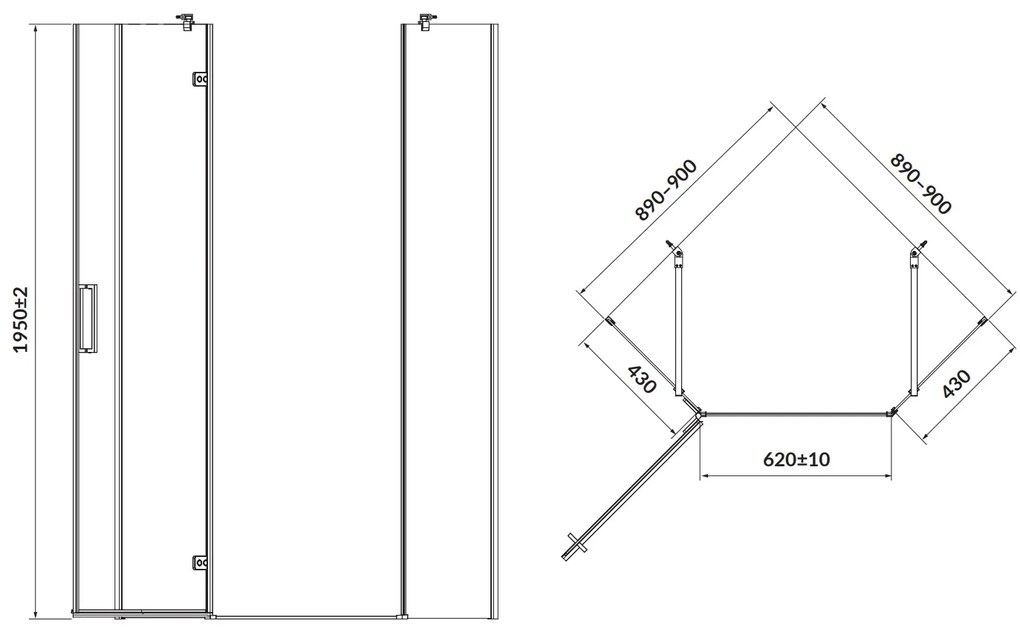Cersanit Jota, 5-uhoľníkový sprchovací kút 90x90x195 cm, ľavé dvere, 6mm číre sklo, čierny profil, S160-016