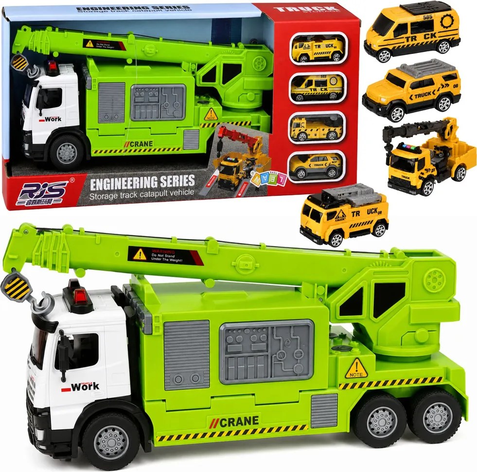 LEAN Toys Nákladné auto s žeriavom a prepravníkom vozidiel – svetlá a zvuky – zelené