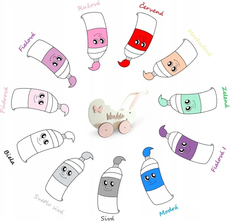 Drevený kočík pre bábiky biela + ružová