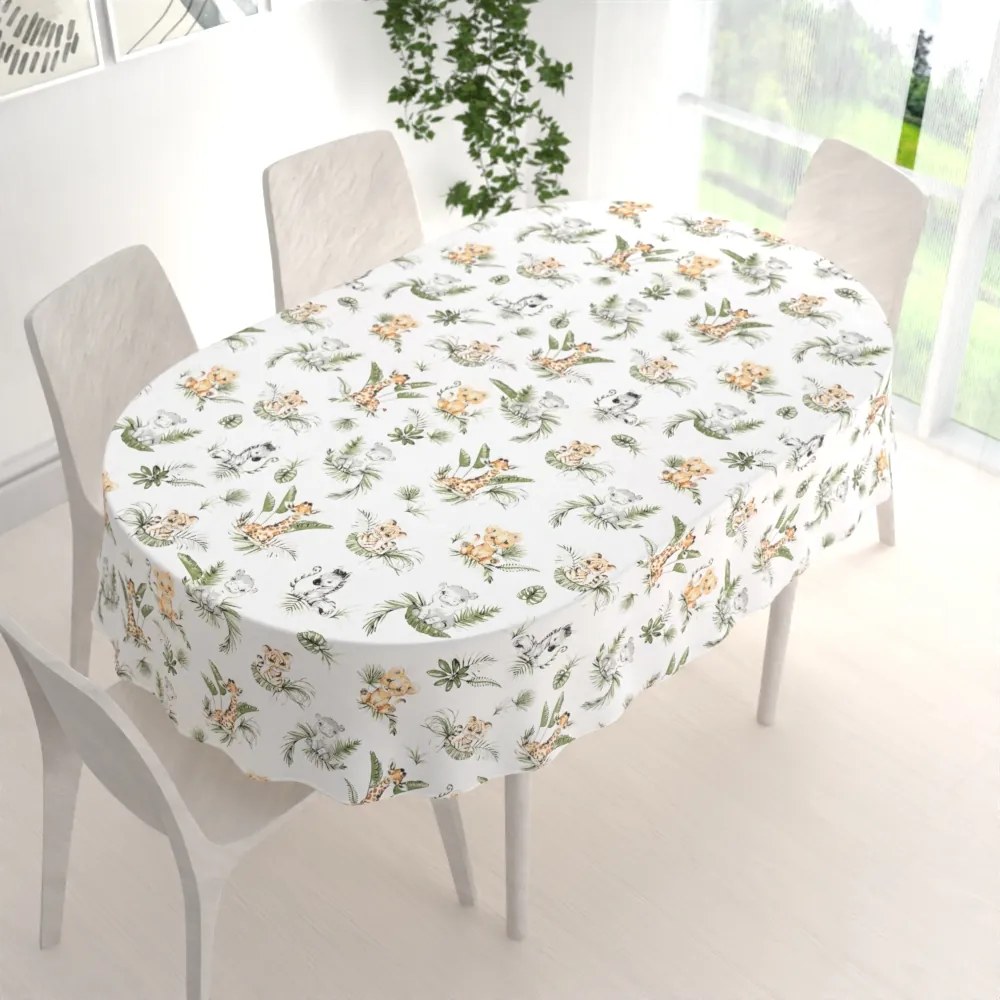 Biante Detský bavlnený oválny obrus Sandra SA-475 Zvieratká v Safari na bielom 50x100 cm