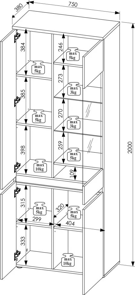 Vysoká vitrína Lille, dub artisan/antracit, s osvetlením