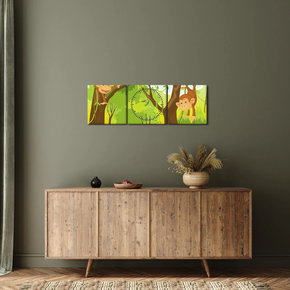 Obraz - Opičiaci (s hodinami) (90x30 cm)