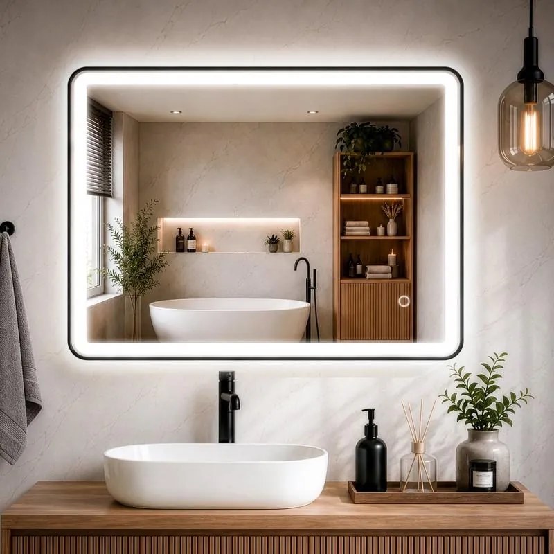 Erga Sari, LED zrkadlo v čiernom ráme s vyhrievaním a dotykovým ovládaním, 80 × 60 cm, čierna matná, ERG-YKA-MR.SARI-BLK-60X80