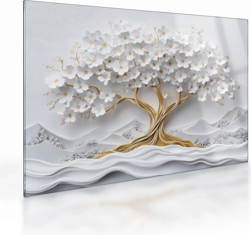 Sklenený obraz – 3D elegantný strom života plný kvetov (70x50 cm)