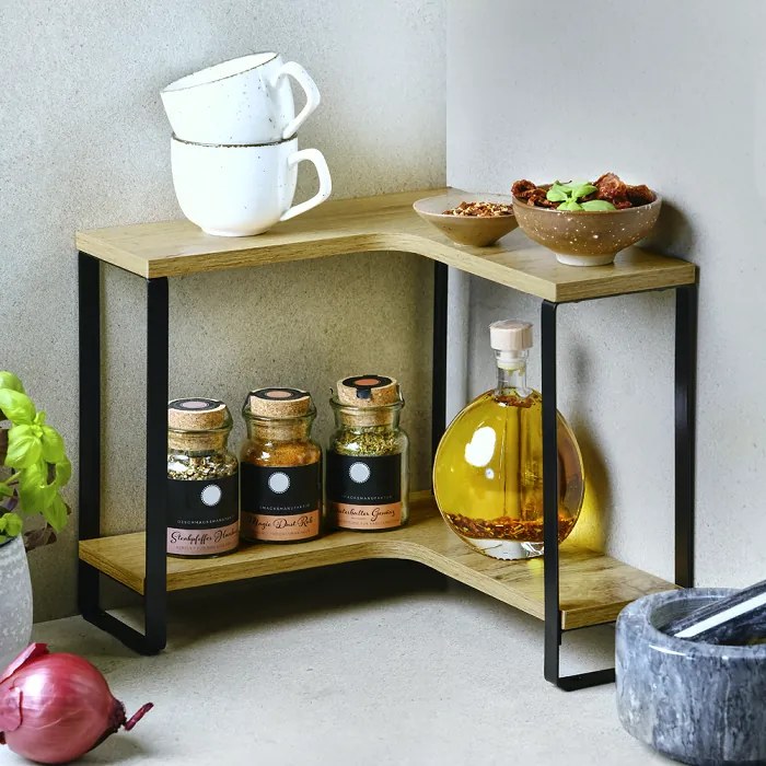 Kesper Rohová 2-poschodová kovová polica, dekor dub 30x30x28