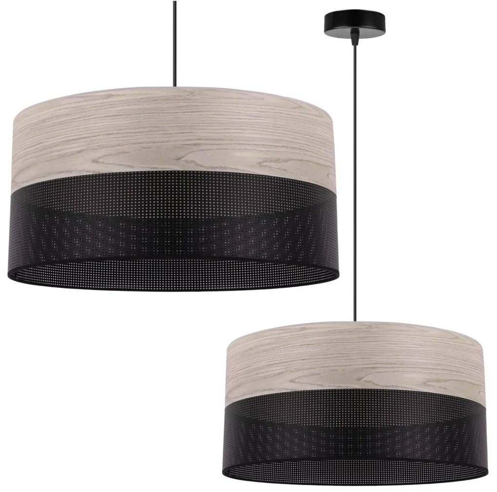 Závesné svietidlo Wood, 1x svetlobéžová dubová dýha/čierne PVC tienidlo, (fi 44cm)
