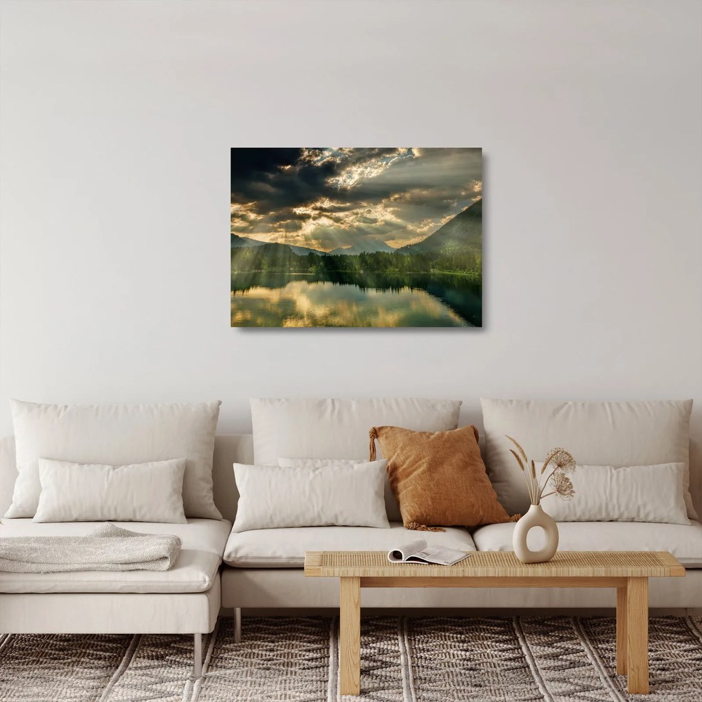 Sklenený obraz jazera s presvitajúcim slnkom (70x50 cm)